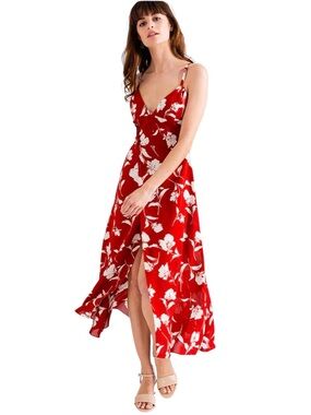 Petite Studio New York Carly Red Floral Midi Dress Slit Parisian Women’s Size XS